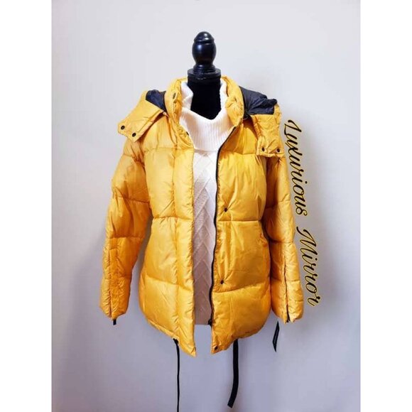 Steve Madden Women's Puffer Jacket Yellow Full Zip Hooded Mock Neck New Sz L - Picture 1 of 9